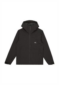 Black waterproof jacket with a hood, front zipper, and two side pockets. Features elastic cuffs and a small logo on the chest.