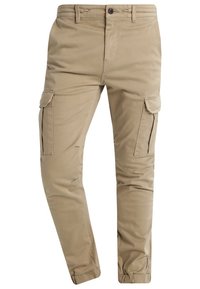 Khaki cargobyxor i en blandning av bomull med sidofickor, smal passform och avsmalnande anklar med knappstängning.