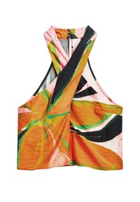 Top senza maniche colorato con un motivo floreale astratto in arancione, verde e nero, dotato di design a croce sulla schiena e chiusura con bottoni al collo.