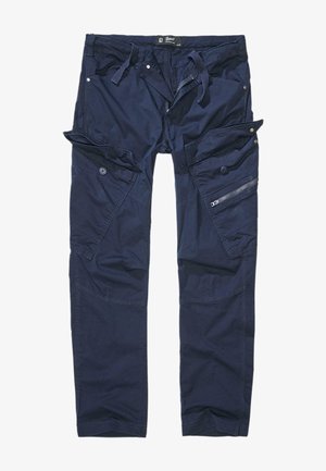 Pantaloni cargo navy din material dur, cu multiple buzunare cu fermoar și buton, talie ajustabilă și genunchi întăriți.