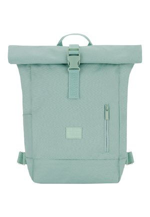 Backpack in light mint green fabric with a roll-top design, adjustable straps, front zip pocket, and a small logo label on the side.