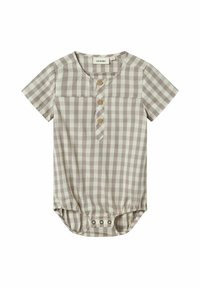 Bebidžasti kombinezon s gingham uzorkom u mekim bež i bijelim tonovima, kratkih rukava, s izrezanom ovratnikom i četiri drvena gumba na prednjem dijelu. Kopčanje na dnu s dugmićima.