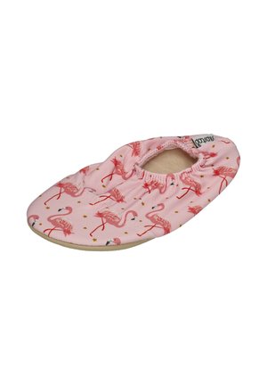 Pink elastic slipper with pink flamingo and gold star pattern, soft sole, and tag near the ankle opening.