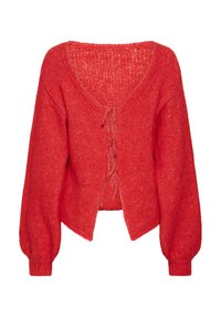 Cardigan rosso lavorato a maglia con scollo a V profondo, maniche sbuffo e chiusura frontale a fiocco, caratterizzato da una texture morbida e design corto.