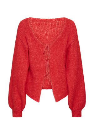 Red knitted cardigan with a deep V-neck, puffed sleeves, and a front tie closure, featuring a soft texture and cropped design.
