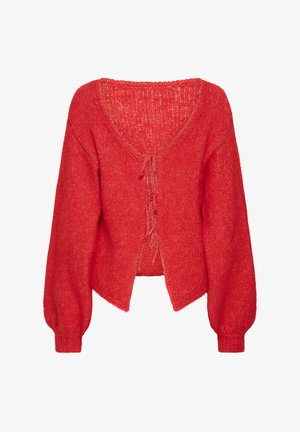 Red knitted cardigan with a deep V-neck, puffed sleeves, and a front tie closure, featuring a soft texture and cropped design.