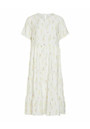 Robe midi blanche à manches courtes avec un col rond et un petit imprimé floral jaune et rose, dotée d'une jupe à volants.