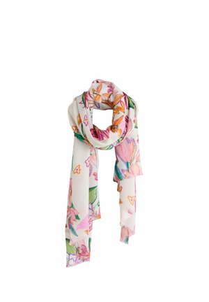 Floraler Schal aus leichtem Stoff, mit weißem Hintergrund und Mustern aus rosa, orangefarbenen und grünen Blumen sowie Schmetterlingen.