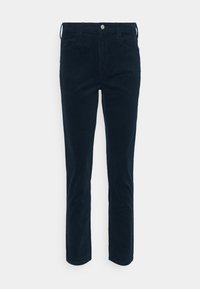 Mörk marinblå kordbyxor med slim fit, rak ben, fem fickor, framknäppning och bälteshällor i midjan.