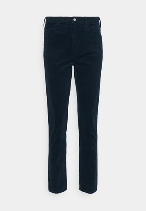 Dunkelblaue Kordhosen mit schmaler Passform, geradem Bein, fünf Taschen, einer Knopfverschlüßung vorne und Gürtelschlaufen am Bund.