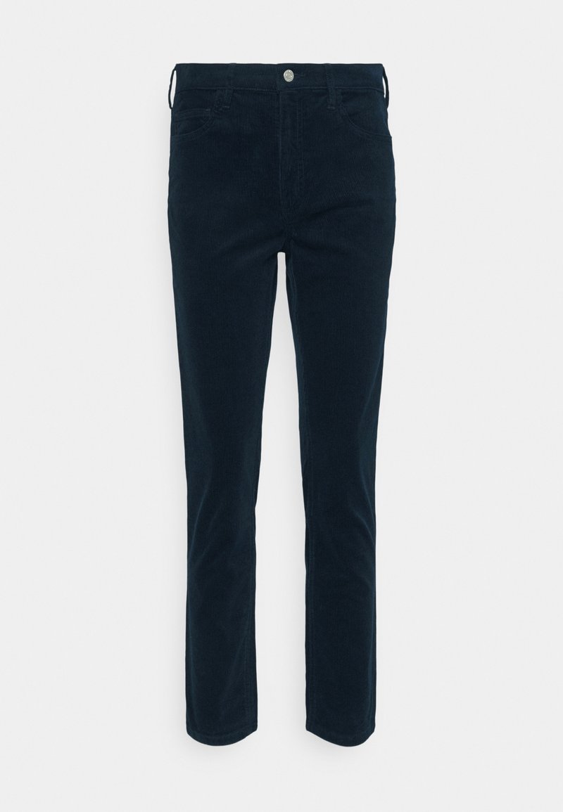 Mörk marinblå kordbyxor med slim fit, rak ben, fem fickor, framknäppning och bälteshällor i midjan.