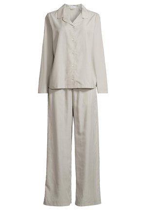 Lichtbeige, lange mouwen, button-up pyjamashirt met bijpassende wijde broek, gemaakt van zachte, vloeiende stof.