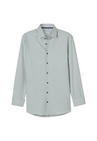 Helles graues Langarm-Hemd für Männer mit einem spitzen Kragen und dunklen Knöpfen, flach auf einem weißen Hintergrund ausgelegt.