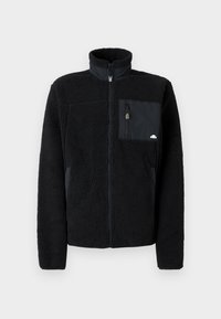 Juodas vilnos striukė su aukštu apykakliu, užtrauktuku ir krūtinės kišene kontrastingos medžiagos. Turi minkštą, tekstūruotą paviršių.