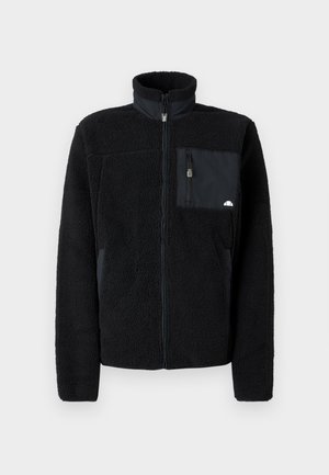 Černá fleecová bunda s vysokým límcem, zapínáním na zip a náprsní kapsou z kontrastní látky. Má měkký, texturovaný povrch.