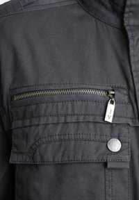Gros plan sur la poche d'une veste en tissu foncé avec une fermeture éclair argentée horizontale et un rabat sécurisé par un bouton métallique estampillé « Jan Vanderstorm ».