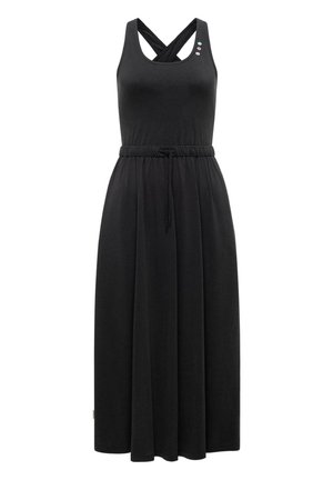 Abito midi nero senza maniche con fascia elastica in vita e coulisse, caratterizzato da spalline incrociate sul retro e tre piccoli bottoni colorati sul petto.