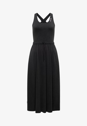 Sort ærmeløs midikjole med elastisk taljebånd og snøre, med krydsede stropper på ryggen og tre små farvede knapper på brystet.