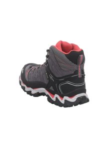 Bottines de randonnée pour hommes de couleur gris foncé avec des accents rouges, dotées d'une tige texturée, d'une semelle robuste et d'un système de laçage pour le soutien.