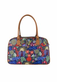 Kleurvolle stoffen tas met een bloemen- en dierenprint, voorzien van bruin neplederen handvatten en accenten. Ritsluiting aan de bovenkant.