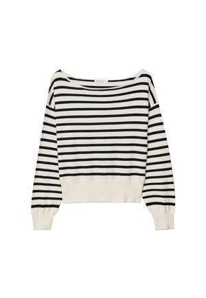 Sweater rayé noir et blanc avec un large col bateau, des manches longues et un ourlet côtelé serré à la taille. Texture douce et tricotée.