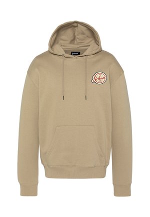 Sweat à capuche beige avec une poche avant, une capuche à cordon de serrage, et un logo circulaire rouge et blanc sur la poitrine gauche. Texture de tissu douce.