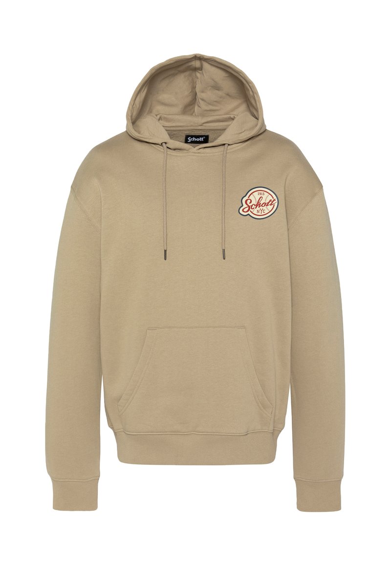 Beżowa bluza z kapturem z przednią kieszenią, kapturem ze sznurkiem i okrągłym czerwono-białym logo na lewej piersi. Miękka tekstura tkaniny.