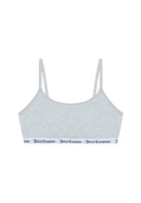 Sivý bavlnený bralet s tenkými ramienkami a bielym pásom s nápisom "Juicy Couture" v čiernom písme. Hladká textúra, minimalistický dizajn.