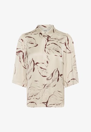 Lichtbeige blouse met korte mouwen, Burgundiaans bladprint, knoopsluiting aan de voorkant en een klassieke kraag. De stof heeft een gladde, zijdezachte textuur.