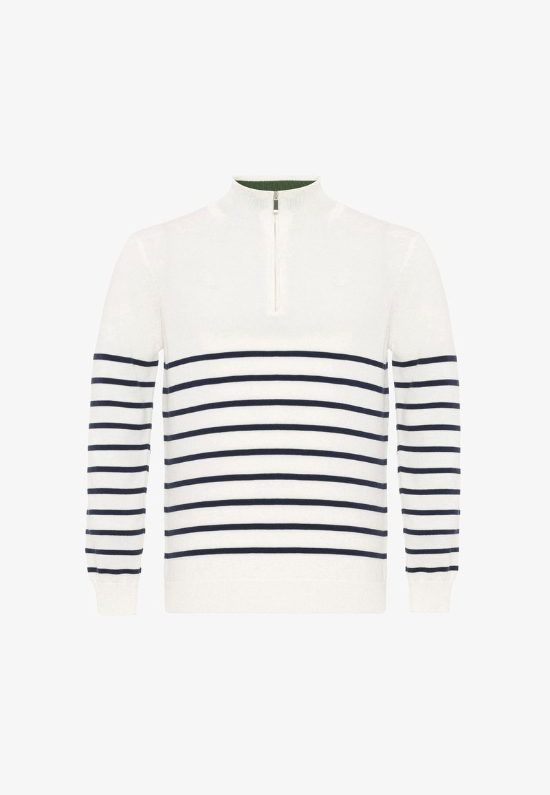 Pull en maille blanche avec des rayures horizontales bleu marine, une courte fermeture éclair à l'avant au col montant, manches longues, poignets et ourlet côtelés.