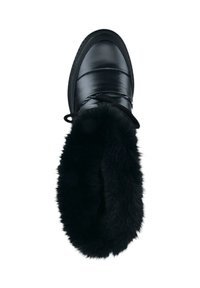 Schwarzer Winterstiefel mit einem glatten Lederoberteil, gestepptem Design und einem gefälschten Pelzabschluss. Verfügt über eine Schnürverschluss und eine Gummisohle für besseren Halt.