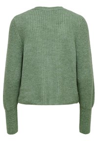 Grön stickad tröja med ett strukturerat mönster, kort design och långa ärmar. Har en rundad halsringning och diskret ribbning längs kanterna.