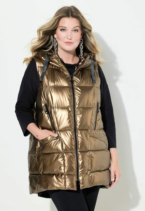 Metallisch bronzen puffer vest met een capuchon, rits aan de voorkant en twee zijzakken. Kenmerkt zich door gestikte patronen en zwarte accenten.