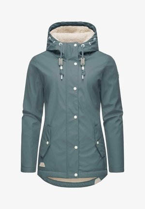 Teal waterproof jacket with a lined hood, front snap buttons, two side pockets, and a longer back hem. Soft fleece interior lining.