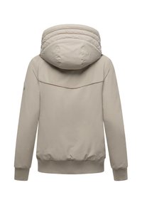 Beige hoodie met elastische manchetten en zoom. Gladde stof, gewatteerd ontwerp van de capuchon en een detail in de achternaad. Geen voorkant zichtbaar.