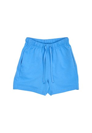 Lichtblauwe shorts met elastische taille, aantrekkoorden en zijzakken, gemaakt van zachte stof.