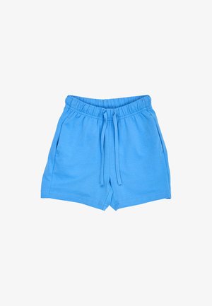 Lichtblauwe shorts met elastische taille, aantrekkoorden en zijzakken, gemaakt van zachte stof.