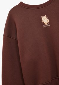 Bruine sweatshirt met een ronde hals en verlengde schouders. Bevat een geborduurd kattenontwerp en het woord "Vrijdag" in witte draad. Zachte textuur.
