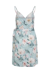 Ziedu drēbes vieglā zilā audumā, ar spageti piedurknēm, V-veida kakla izgriezumu, ziedu rakstu ar rozā un zaļām akcentiem, un jostu viduklī.