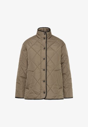 Pružná prošívaná bunda olivově zelené barvy s vysokým límcem, černými detaily, předními knoflíkovými uzávěry a postranními kapsami. Po celém povrchu má diamantový vzor.