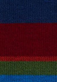 Tessuto intrecciato con strisce orizzontali in blu, bordeaux, verde scuro e rosso. Ogni striscia ha un aspetto a maglia testurizzata.