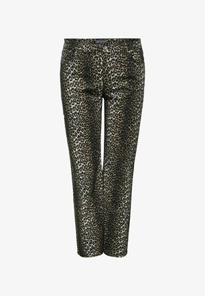 Pantaloni cu imprimeu de leopard dintr-un material elastic, având un design ajustat, buzunare frontale și un fermoar cu închidere prin buton.