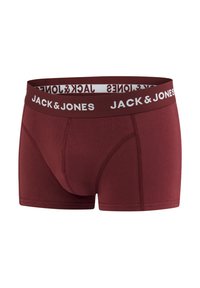 Burgundy men's boxer briefs made from soft fabric featuring a white elastic waistband with "JACK & JONES" logo and contrasting stitching details.