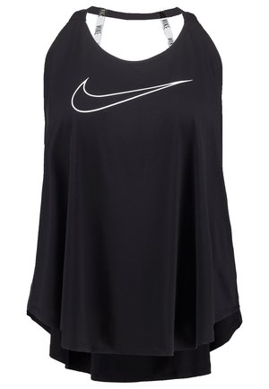 Haut de sport noir sans manches et ample Nike avec logo swoosh blanc à l’avant et bretelles blanches brandées au niveau de l'encolure.