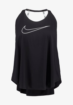 Czarny sportowy top Nike bez rękawów, luźny, z białym logo Swoosh z przodu i białymi paskami z logo przy dekolcie.
