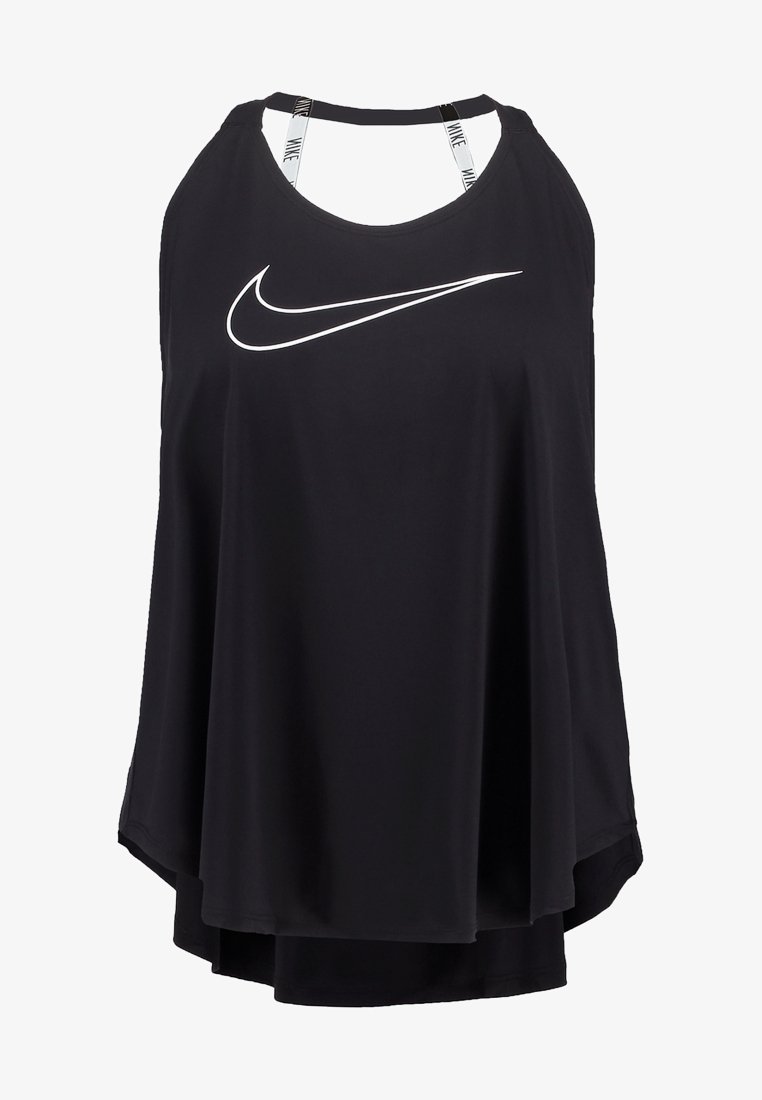 Haut de sport noir sans manches et ample Nike avec logo swoosh blanc à l’avant et bretelles blanches brandées au niveau de l'encolure.