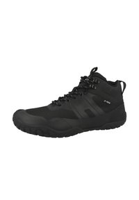 Scarponcino da trekking nero con tomaia in materiale sintetico, accenti testurizzati, sistema di allacciatura integrato e suola in gomma resistente per una buona aderenza.