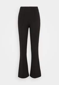 Black flared pants made of stretch fabric. Features a high waistband, smooth texture, and vertical seam detailing along the front.