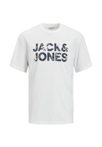 T-shirt bianco in cotone con la scritta "JACK & JONES" in lettere in grassetto e decorate con un design floreale. Maniche corte, stile collo rotondo.