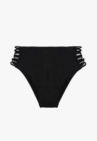 Svart bikiniunderskott med texturerad yta, högskurna benöppningar och distinkta sidodetaljer med öglade remmar.